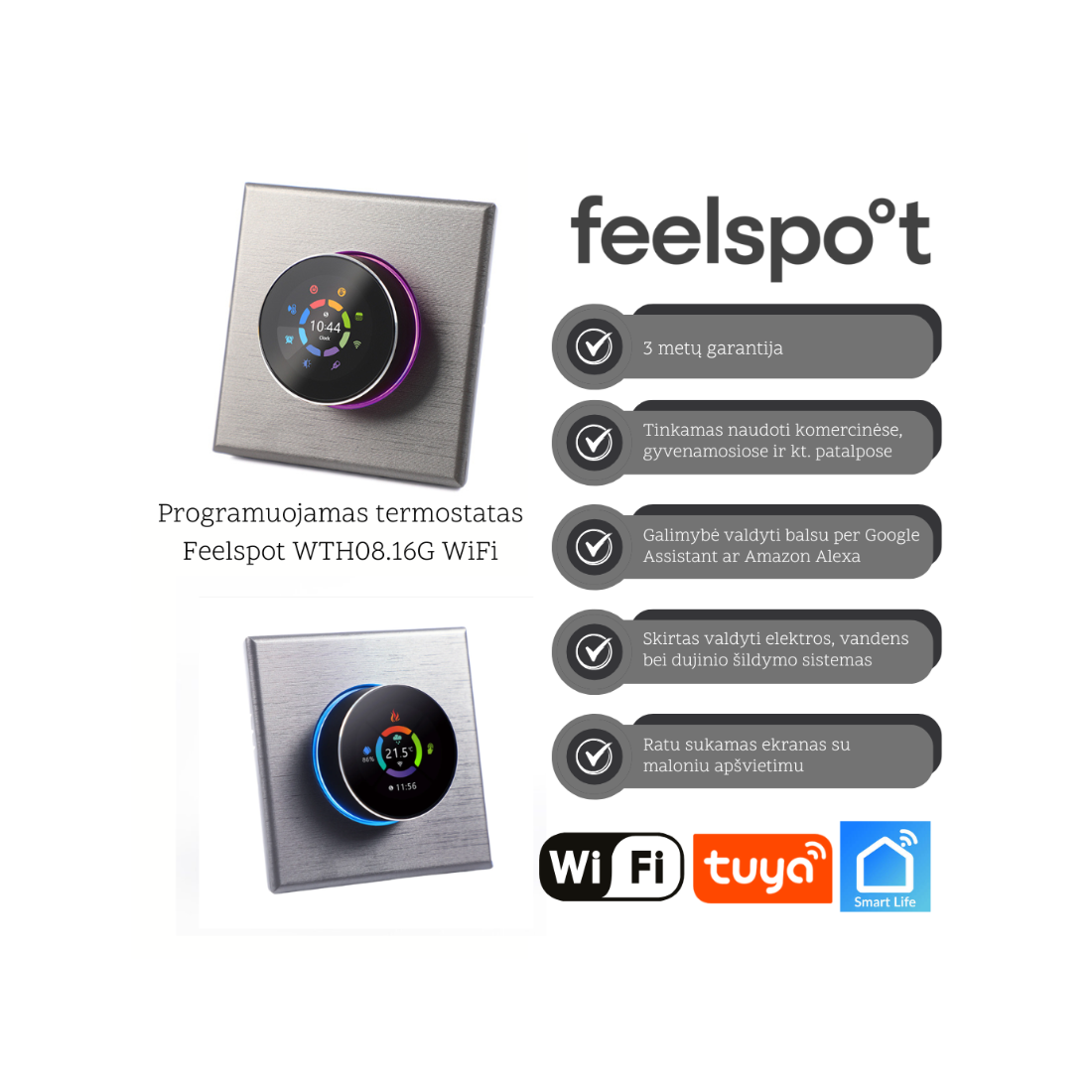 Programuojamas termostatas Feelspot WTH08.16G WiFi, pilkas, Tuya, Smart Life-Pirkimai
