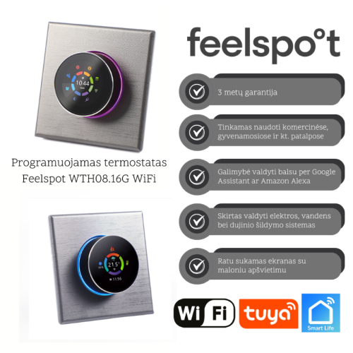 Programuojamas termostatas Feelspot WTH08.16G WiFi, pilkas, Tuya, Smart Life-Pirkimai
