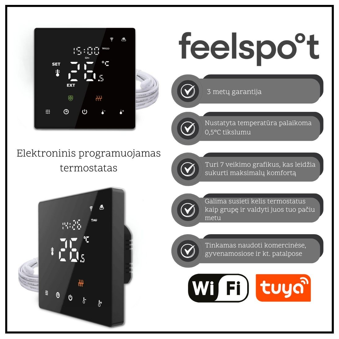Elektroninis programuojamas termostatas Feelspot WTH22.16 NEW Black, WiFi, Tuya-Valdymo blokai