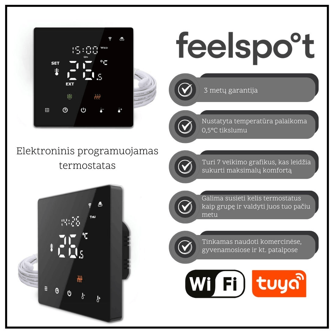 Elektroninis programuojamas termostatas Feelspot WTH22.16 NEW Black, WiFi, Tuya-Valdymo blokai