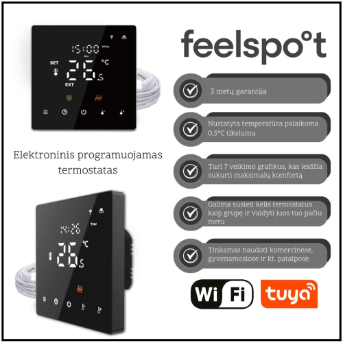 Elektroninis programuojamas termostatas Feelspot WTH22.16 NEW Black, WiFi, Tuya-Valdymo blokai