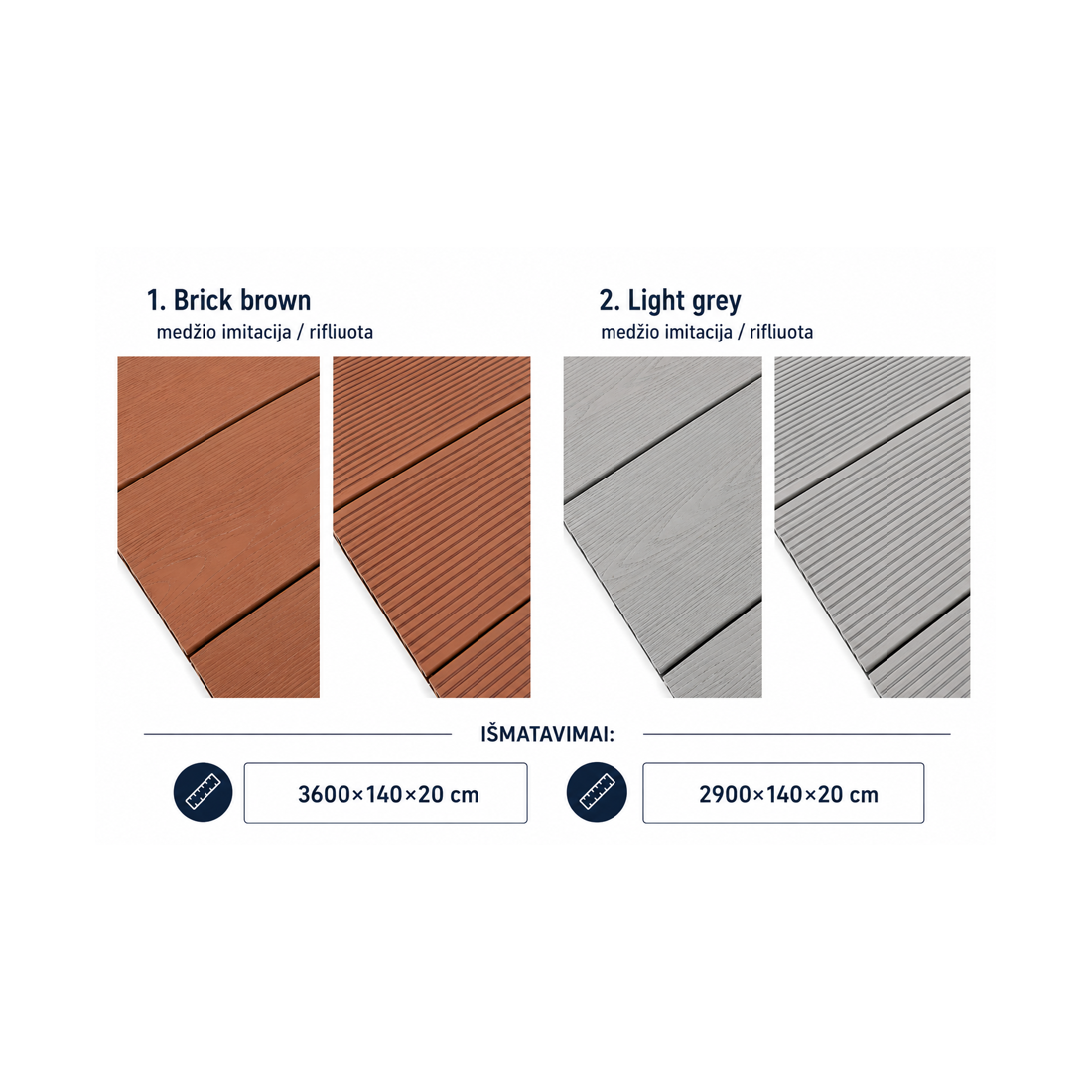 Scandic WPC Hollow tuščiavidurė terasinė lenta 20x140x3600, medžio imitacija/rifliuota, Brick brown | Medžio statybinės