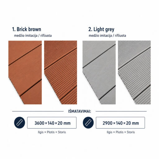 Scandic WPC Hollow tuščiavidurė terasinė lenta 20x140x3600, medžio imitacija/rifliuota, Brick brown | Medžio statybinės